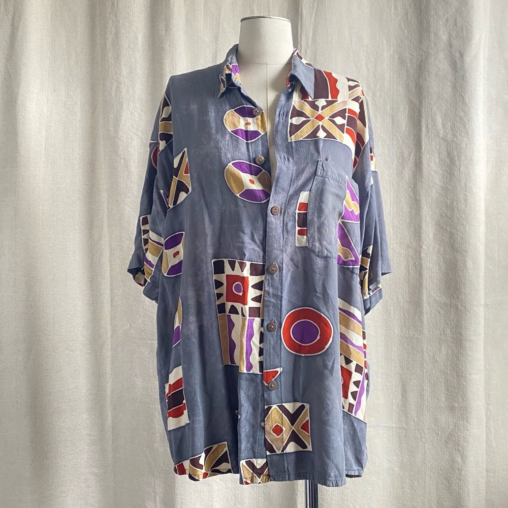 Vintage tied dye batik Hawaiian shirt Pareos, Etc Mexico sz L grey red purple